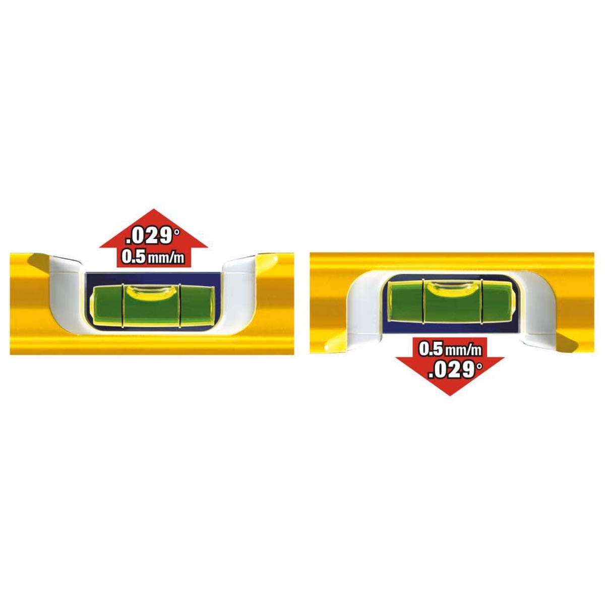 Stabila 37416 16 in. Type 196 Heavy Duty Level vial close-up showing 0.5 mm/m (0.029 degrees) accuracy for precise level and plumb readings
