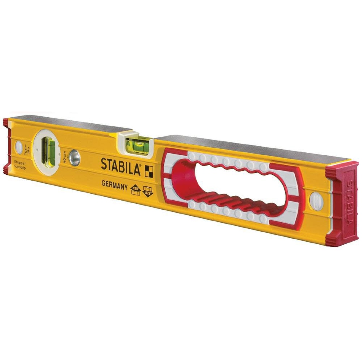 Stabila 37416 16 in. Type 196 Heavy Duty Level showing box beam frame, hand hold, and vials for carpentry leveling and plumbing work