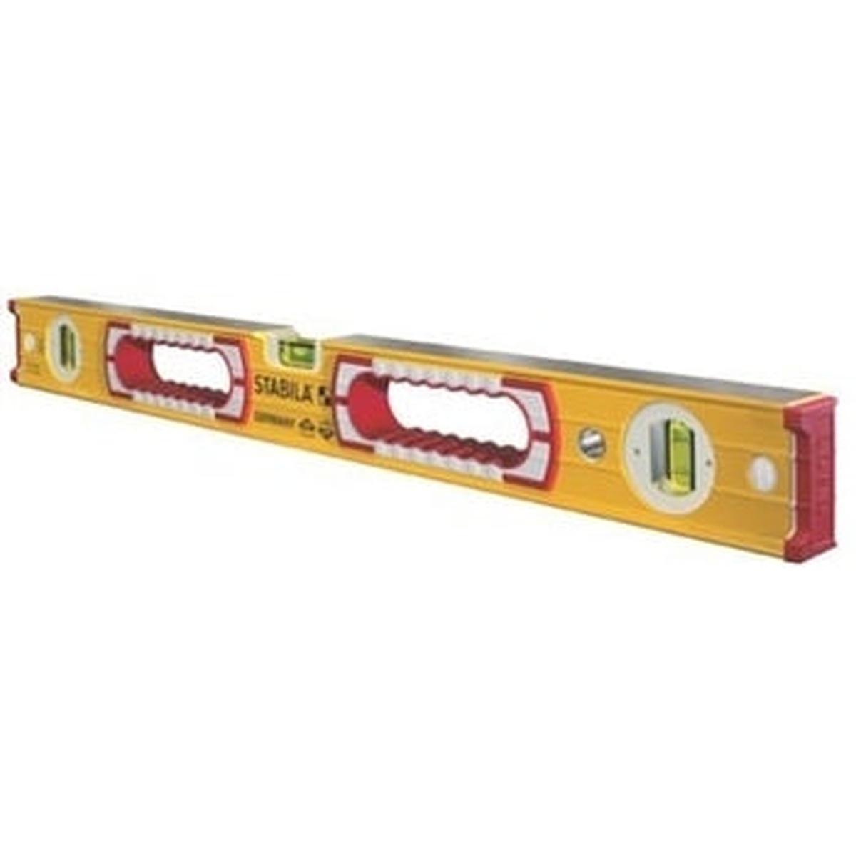 Stabila 37424 24-inch Type 196-2 Spirit Level on a jobsite layout check, showing the bright level vial and box beam frame against a flat work surface