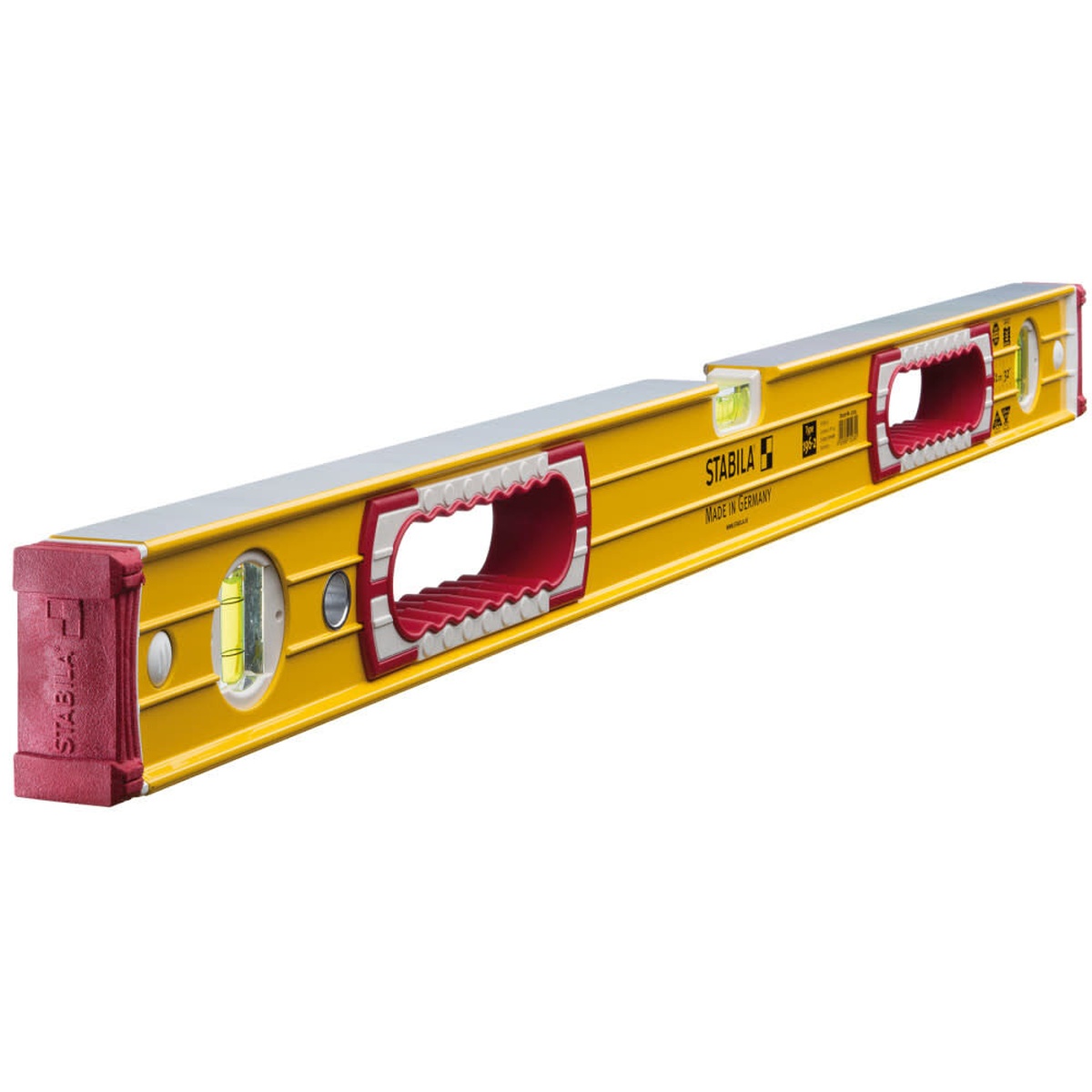 Stabila 32 inch Type 196-2 Spirit Level Tool shown as a full box beam level for jobsite layout, wall leveling, and installation work