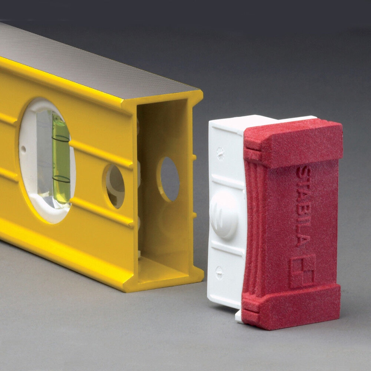 Stabila 37436 36-inch Type 196-2 Spirit Level removable end cap shown off the level for accurate corner marking on trim and framing