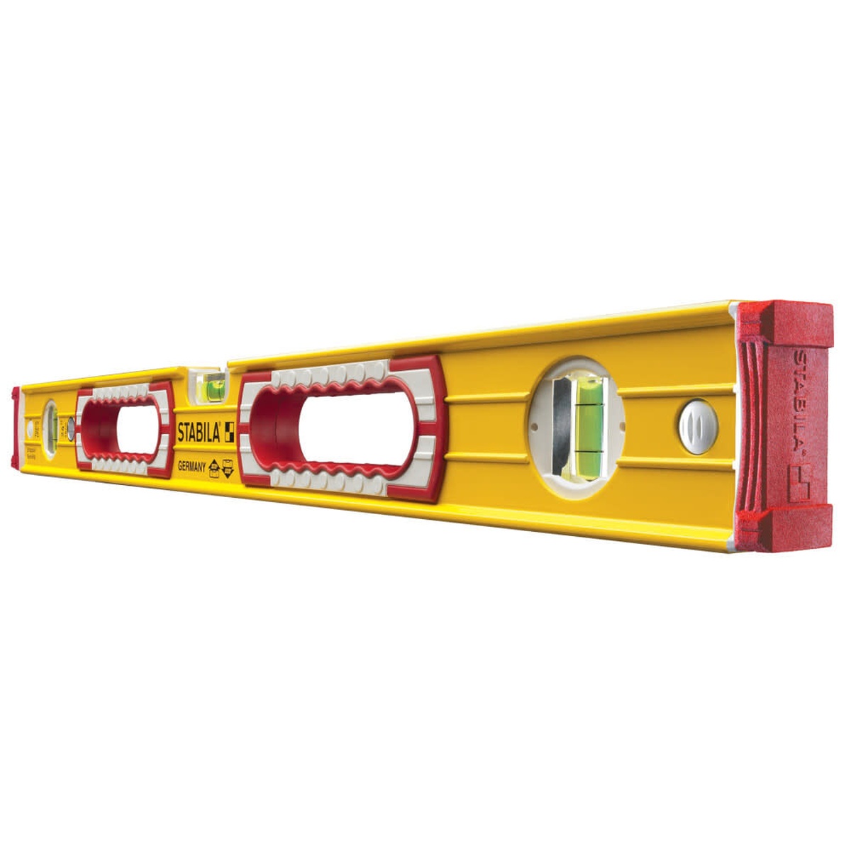 Stabila 37436 36-inch Type 196-2 Spirit Level showing box-beam aluminum body, rubberized handles, and vials for level and plumb layout work