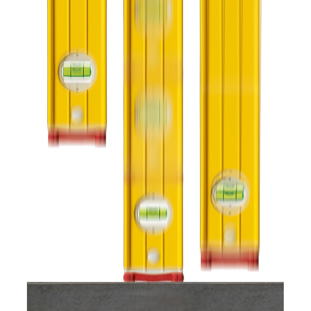 Close-up of the vial on the Stabila 37532 Type 196-2 2-Piece Jamber Spirit Level Set while checking level on a work surface during door jamb installation