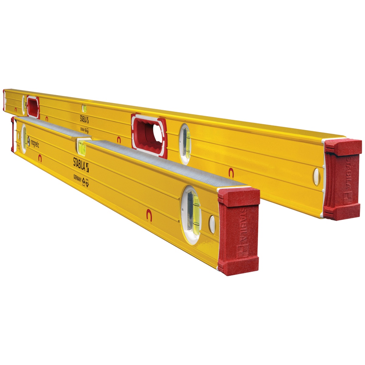STABILA Type 96 M Mag Jamber Set 32 inch and 78 inch magnetic spirit levels showing aluminum box-beam frames and protective end caps