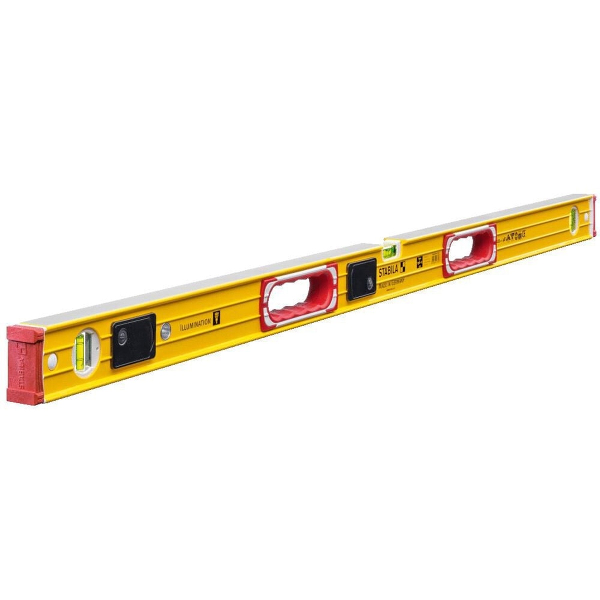 Stabila 48 in LED Level with Lighted Vials clean product view showing illuminated vial areas, hand grips, and removable end caps for interior layout and installation work