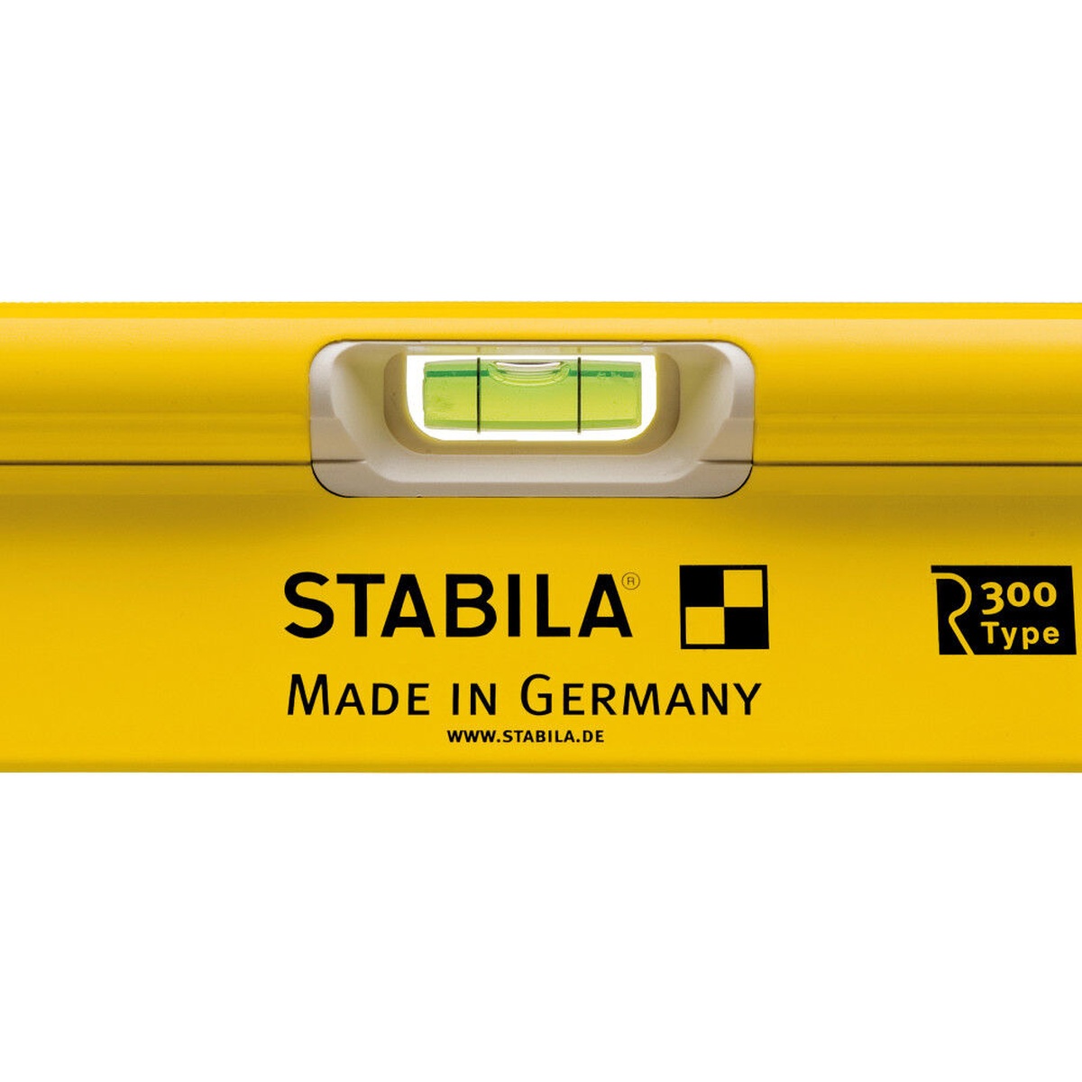 Stabila 41048 48-inch Type R300 R-Beam Spirit Level close-up of the horizontal vial window and Made in Germany marking