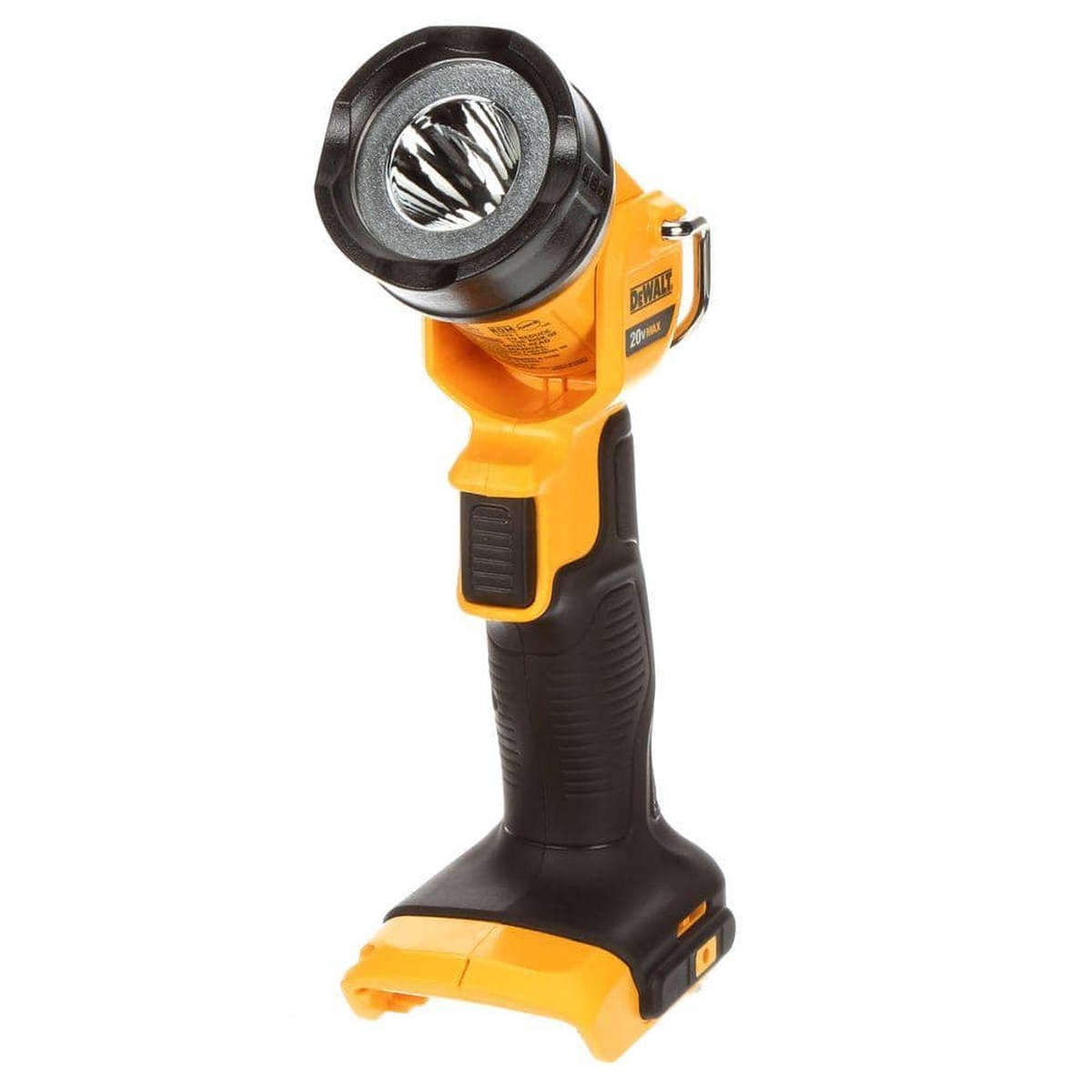 DeWALT DCL040 20V MAX LED Work Light shown from the front on a plain background, highlighting the LED head and handheld jobsite light design