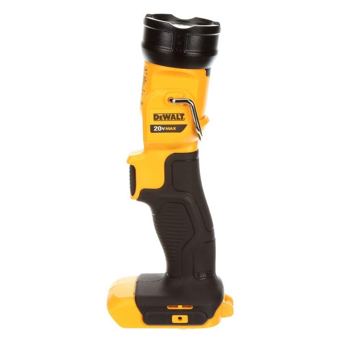 DeWALT DCL040 20V MAX LED Work Light standing upright on a plain background, showing the battery interface used with DeWALT cordless battery packs
