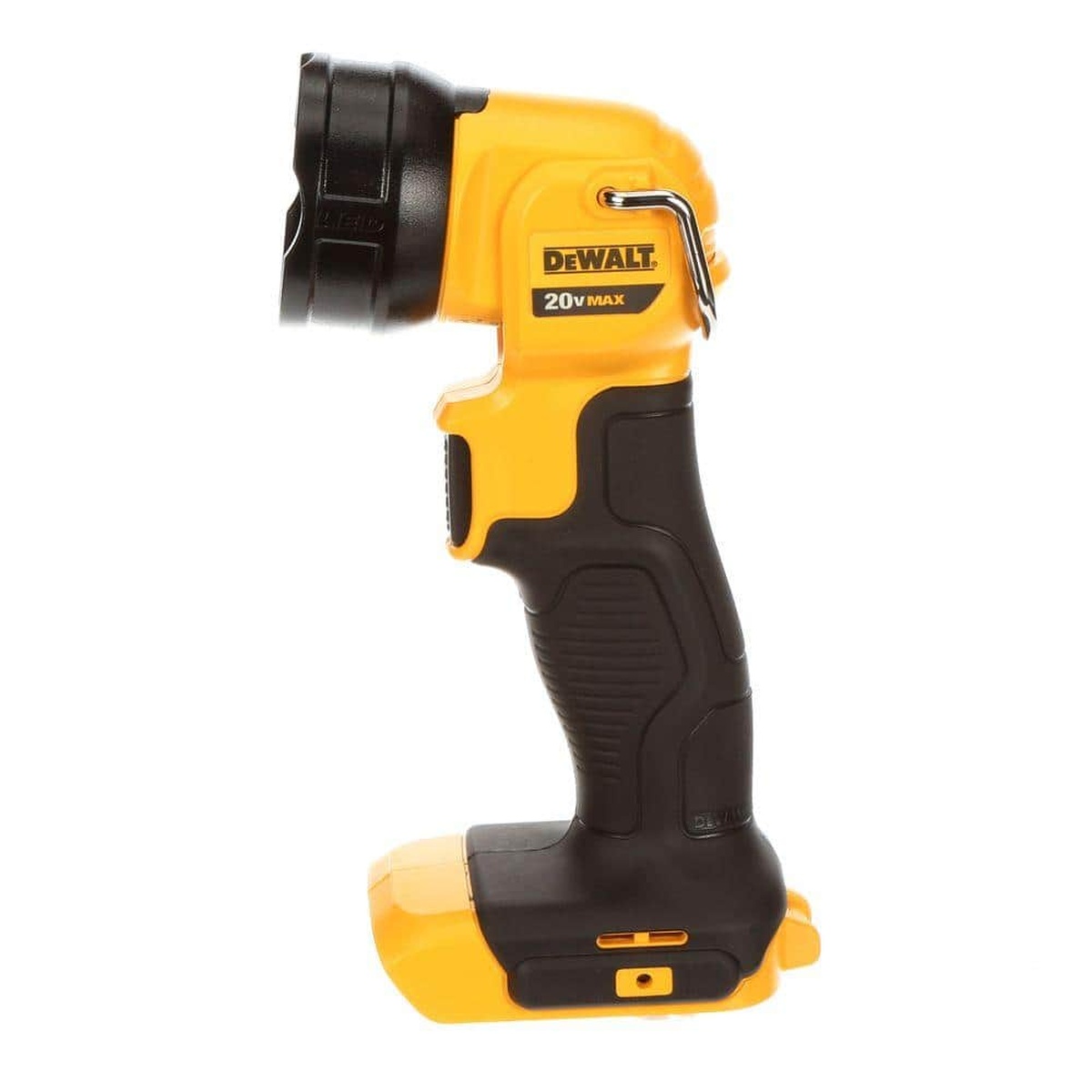 Side view of the DeWALT DCL040 20V MAX LED work light on a plain background showing the pivoting head and belt-style hanging hook