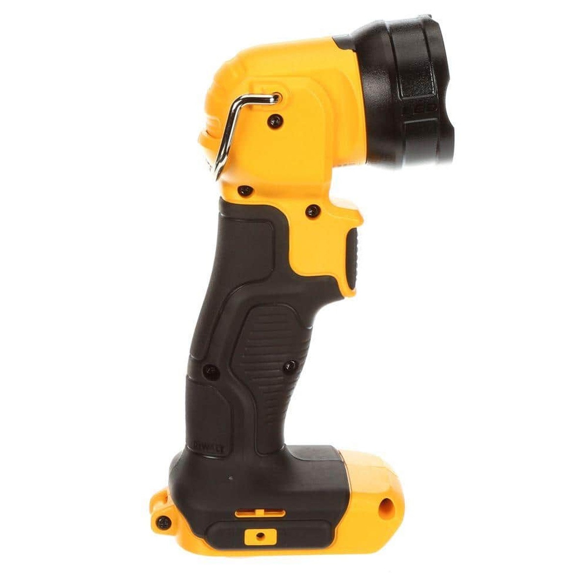 Rear angle of the DeWALT DCL040 20V MAX LED work light showing the hanging hook and compact body for hands-free placement on the jobsite