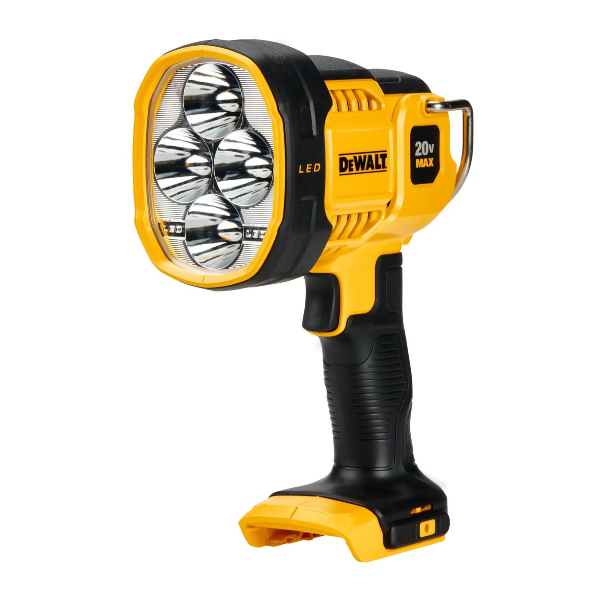 DEWALT DCL043 20V MAX LED Pivoting Work Light front view showing the four LED reflectors and compact jobsite-ready housing for portable task lighting
