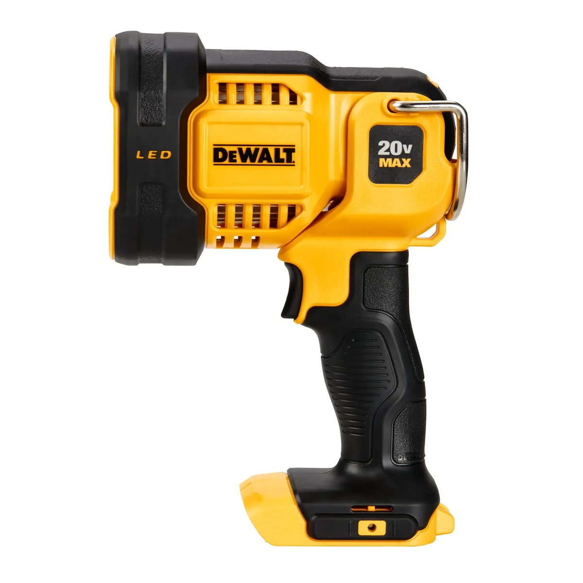 DEWALT DCL043 20V MAX LED Pivoting Work Light side profile showing the over-molded lens cover, hanging hook, and battery interface for cordless site lighting