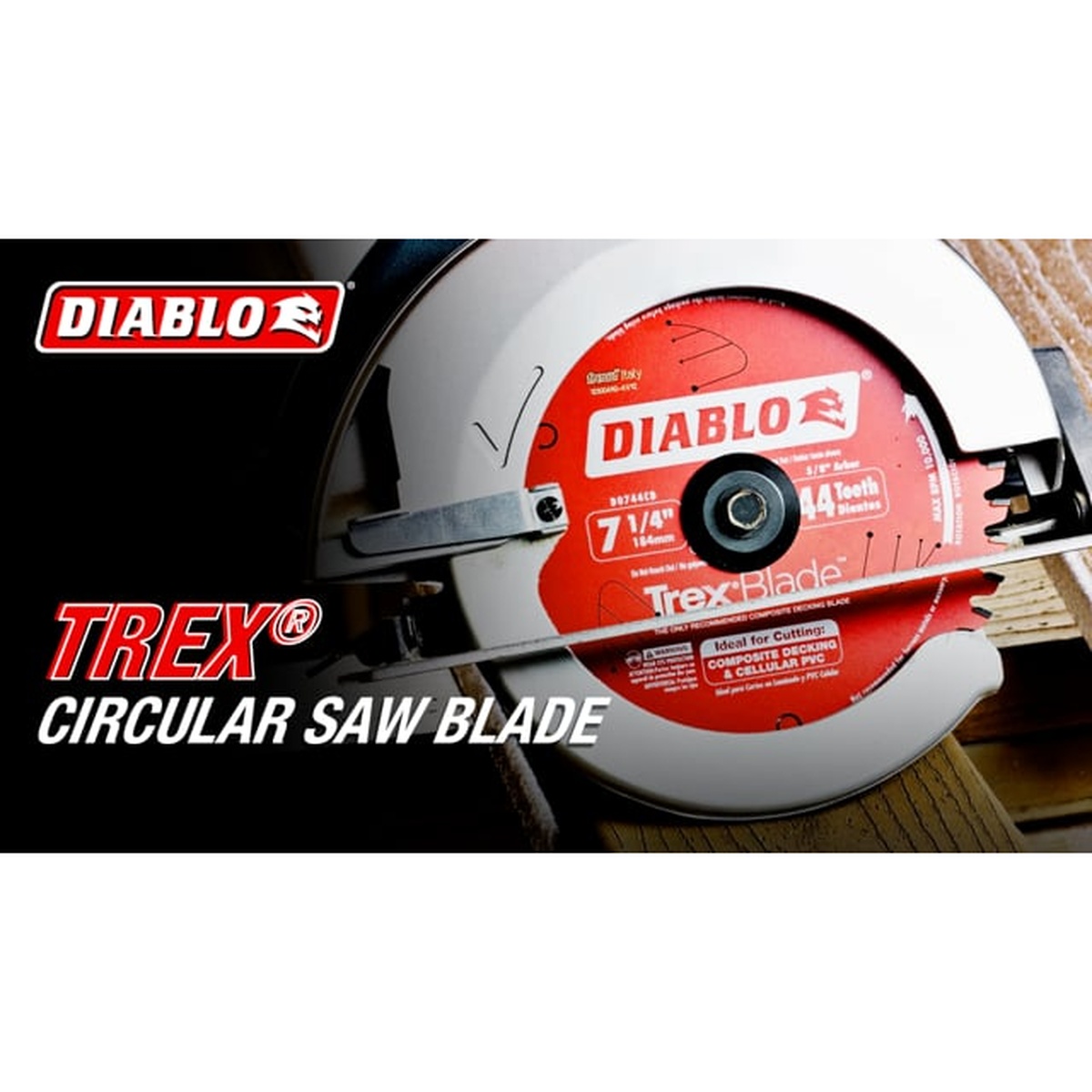 Diablo TrexBlade circular saw blade installed in a saw cutting decking material on a jobsite