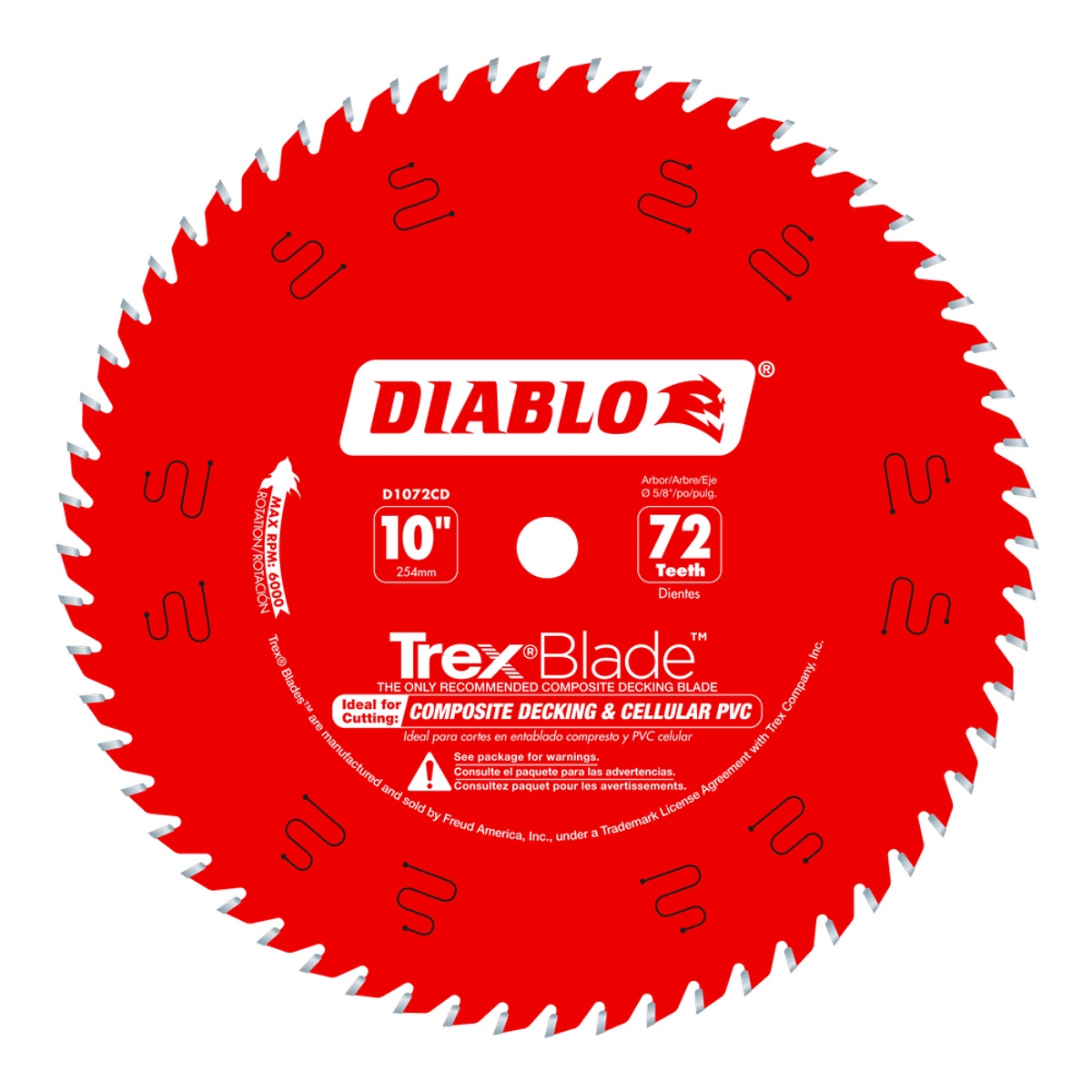 Diablo D1072CD TrexBlade circular saw blade product image showing the 10 inch 72 tooth blade for composite decking and cellular PVC cutting