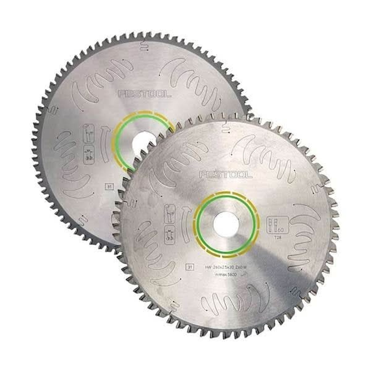 Festool 203150 General Purpose 60-Tooth and Fine 80-Tooth Kapex KS 120 Blade Set shown as two miter saw blades on a clean background for Kapex wood cutting and finish carpentry work