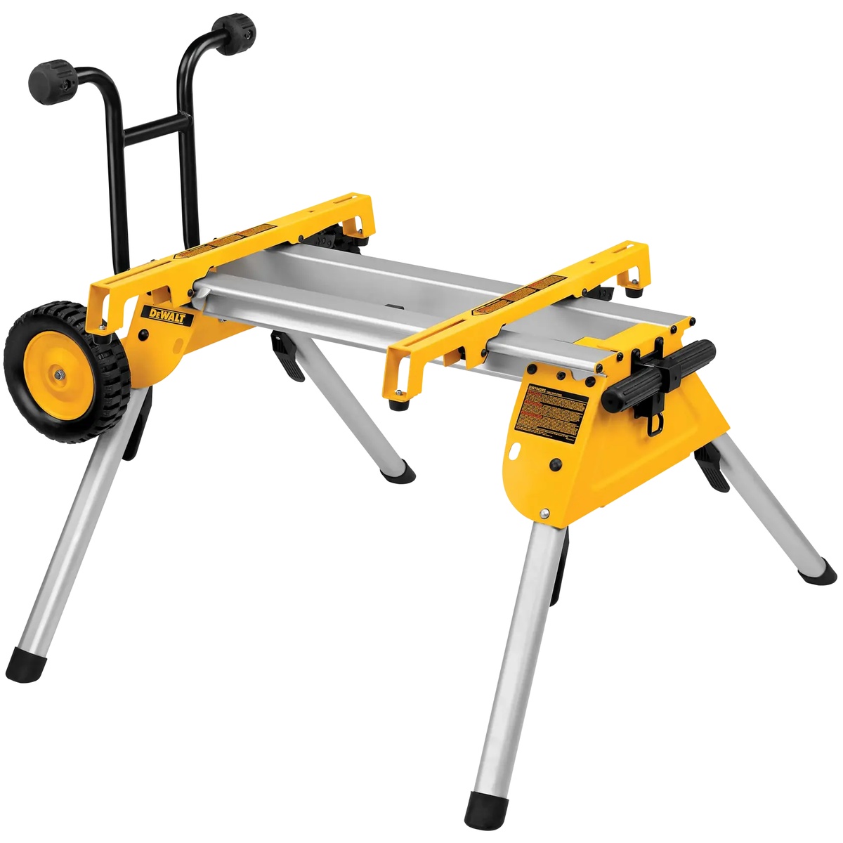 DeWALT DW7440RS Rolling Table Saw Stand shown open with integrated wheels and support legs for portable jobsite table saw setup
