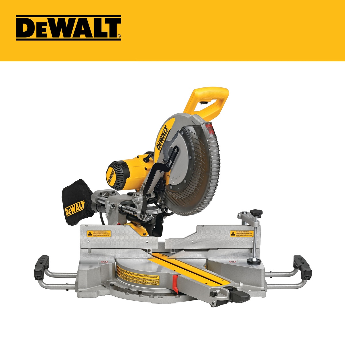 DEWALT DWS780 12 in. Double Bevel Sliding Compound Miter Saw on a workbench highlighting the fence, table, and sliding rail layout for miter and bevel cutting