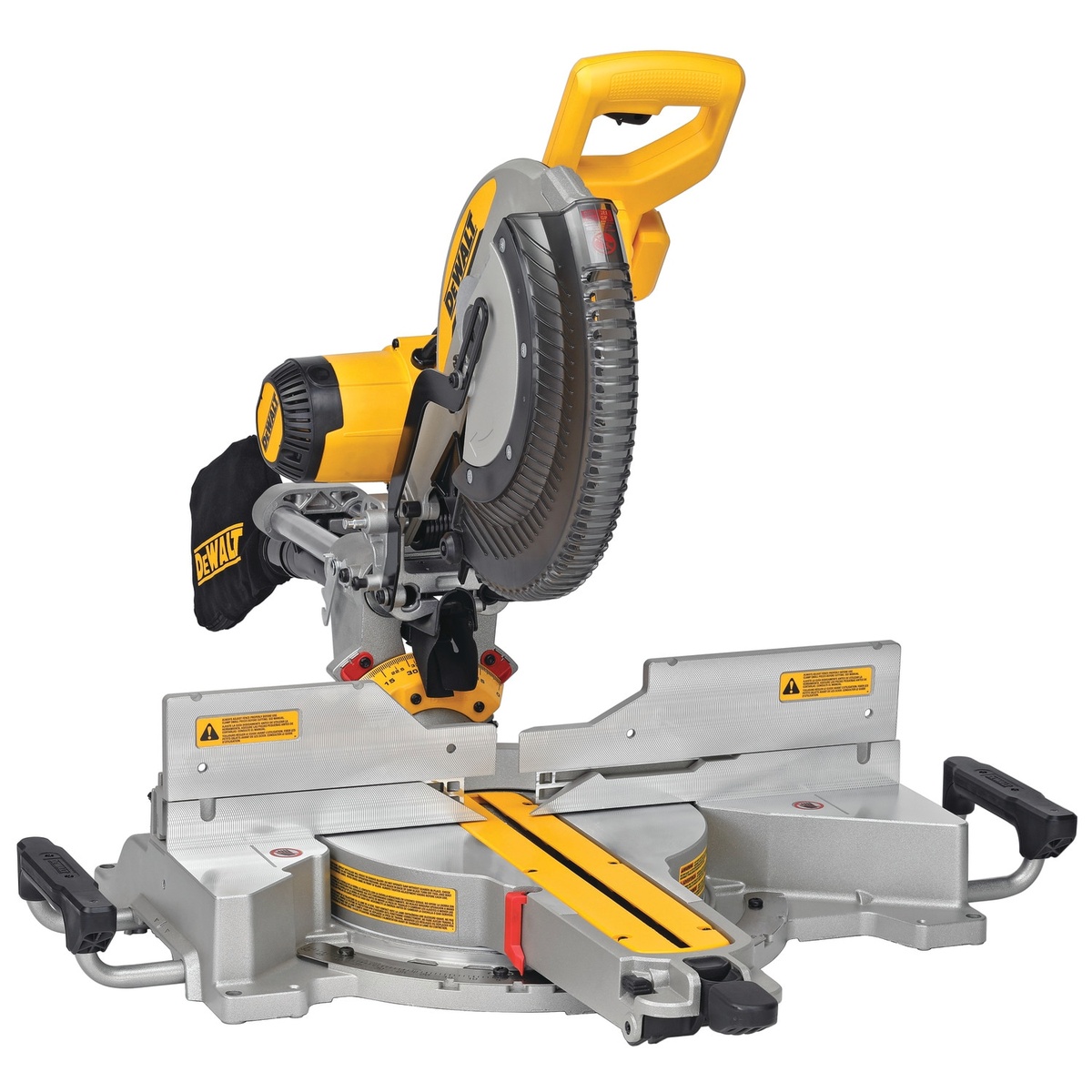 DEWALT DWS780 12 in. Double Bevel Sliding Compound Miter Saw shown in upright cutting position on a bench setup for crosscutting framing lumber and finish trim