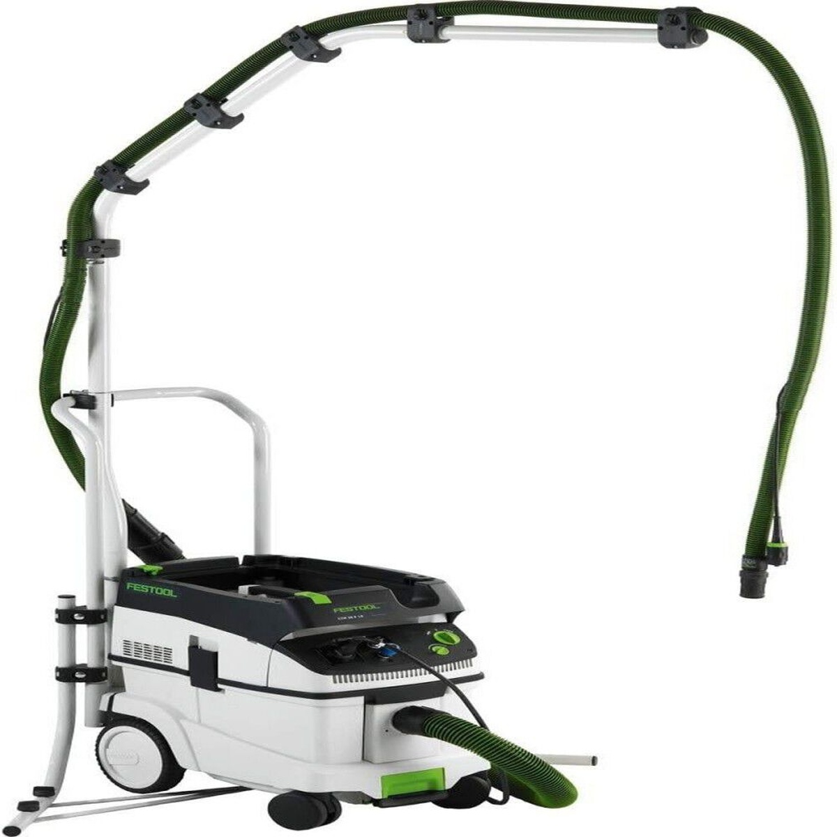 Festool 203151 CT Boom Arm Bundle Set mounted to a Festool dust extractor with overhead hose routing in a workshop setup for sanding and tool dust collection