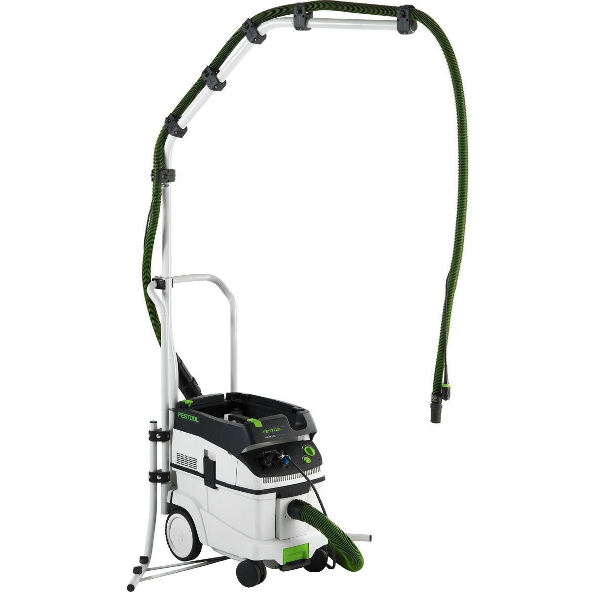 Festool 203153 CT Boom Arm Bundle Set mounted on a CT dust extractor with hose routed overhead for workshop dust collection and tool movement