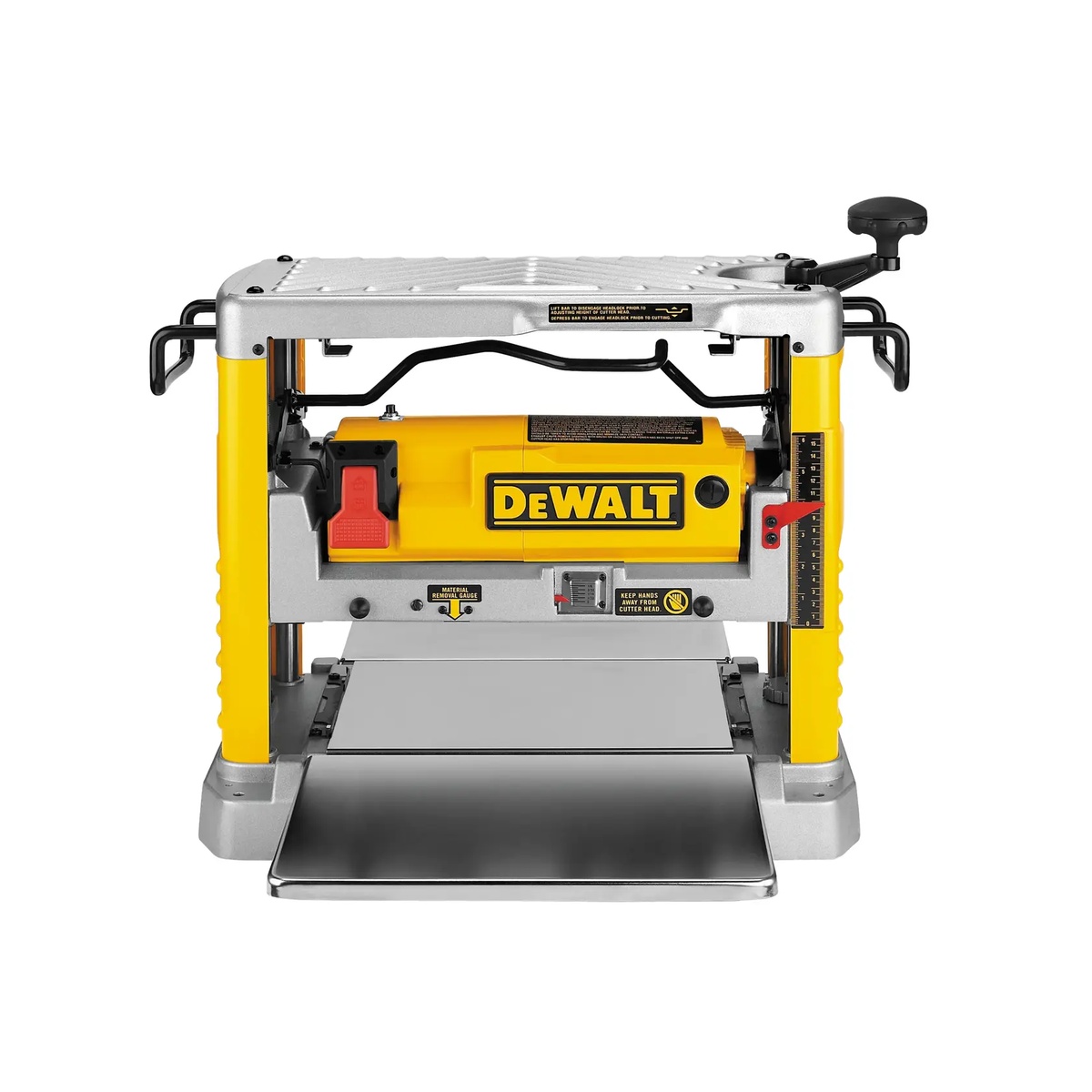 DEWALT DW734 Corded 12-1/2 in. Benchtop Planer front view on a clean background showing the thickness planer body and feed table for woodworking stock prep