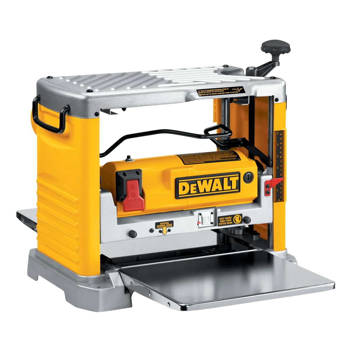 DEWALT DW734 Corded 12-1/2 in. Benchtop Planer side angle showing the infeed and outfeed support tables used for planing longer hardwood and softwood boards