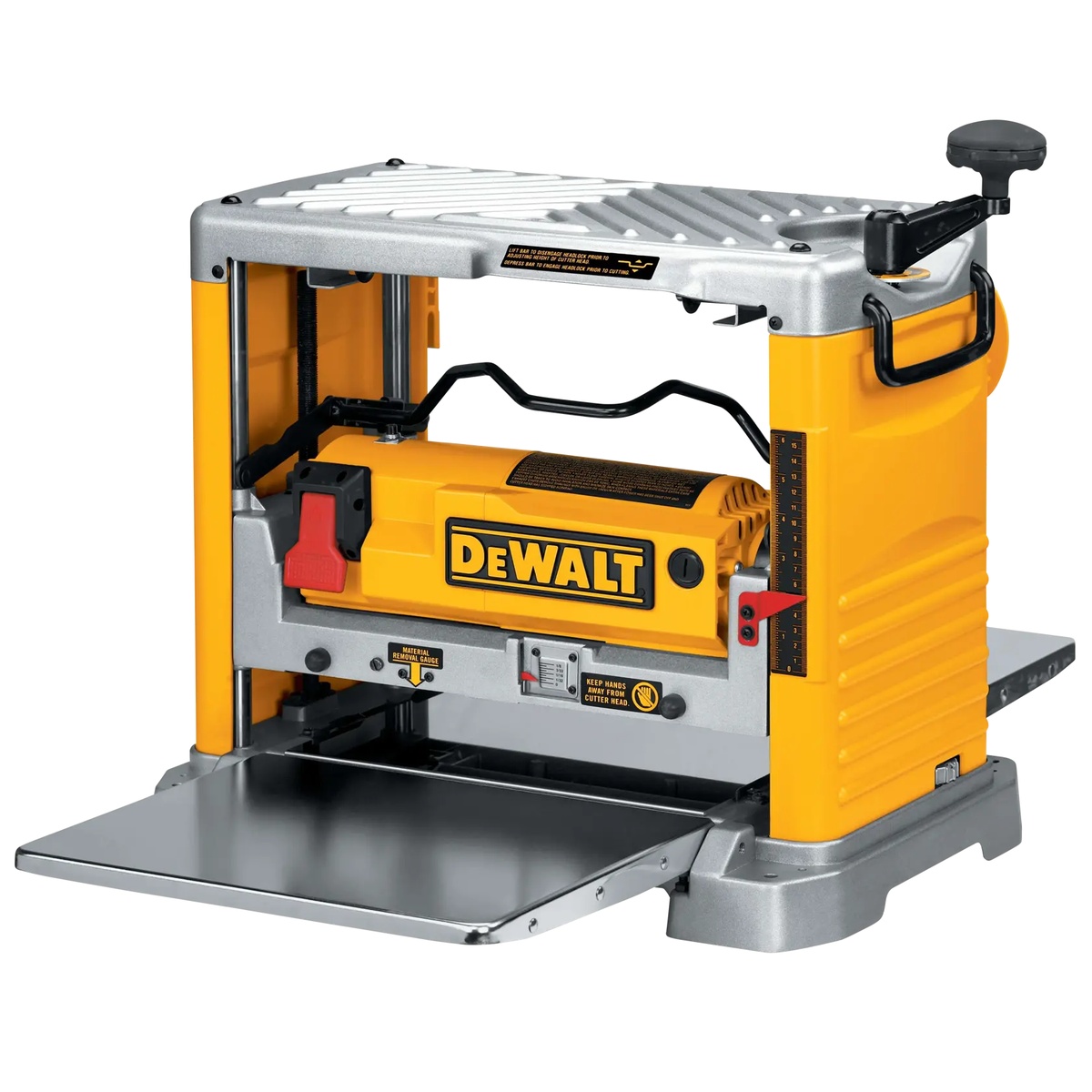 DEWALT DW734 Corded 12-1/2 in. Benchtop Planer angled view highlighting the thickness scale and adjustment area used to control board thickness during planing