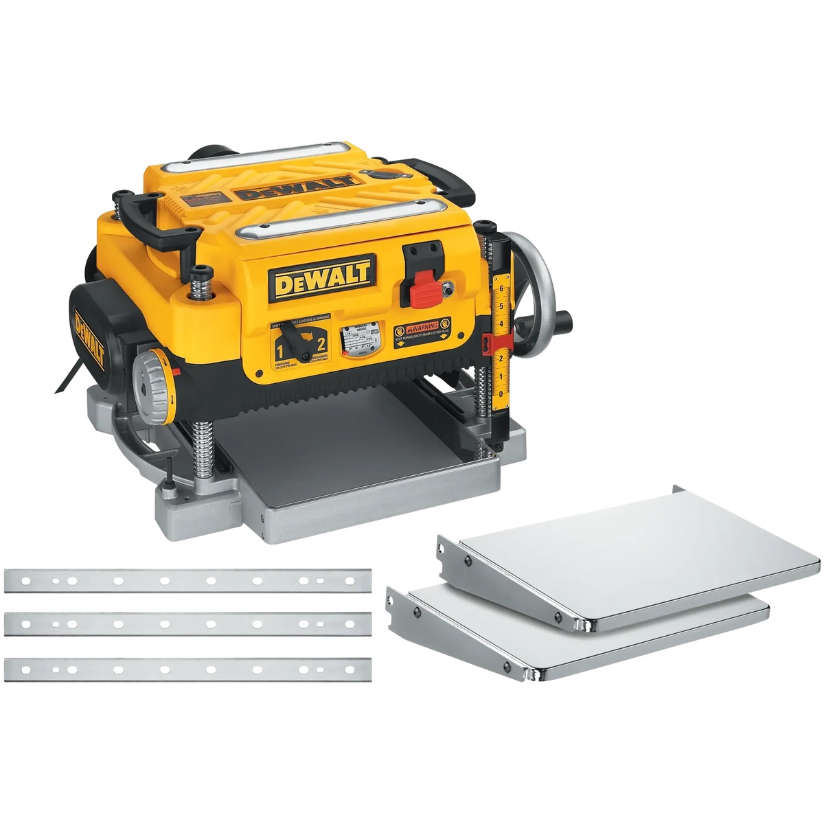 DeWALT DW735X 13-In. 3-Knife Two Speed Thickness Planer with included knives and infeed outfeed tables on a clean background