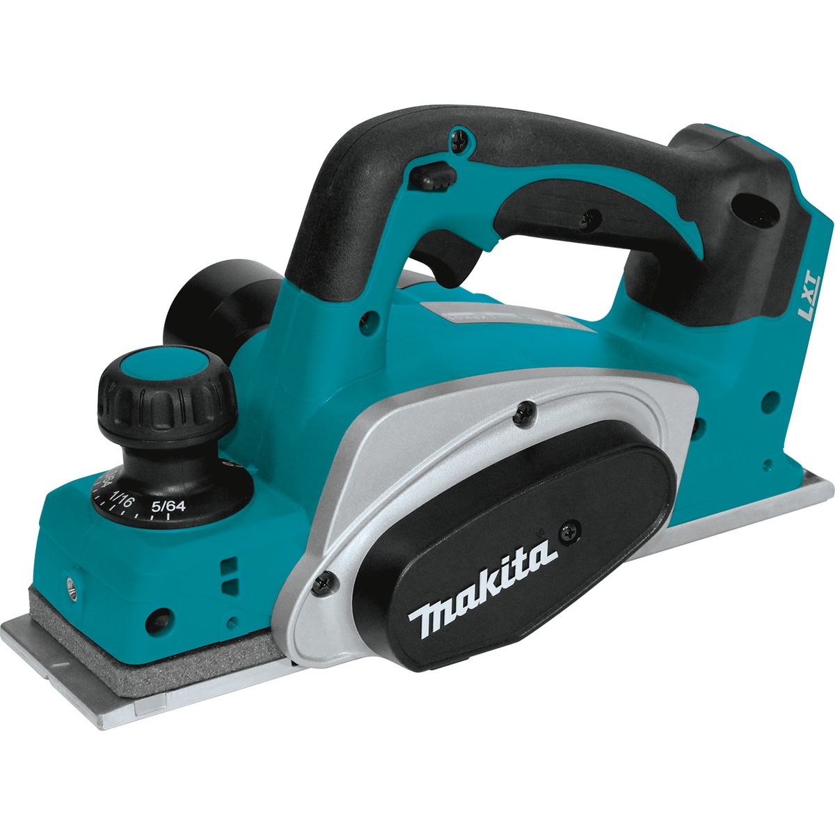Makita XPK01Z 18V LXT cordless planer showing the front depth adjustment knob and planer base for precise wood planing on doors, trim, and framing stock