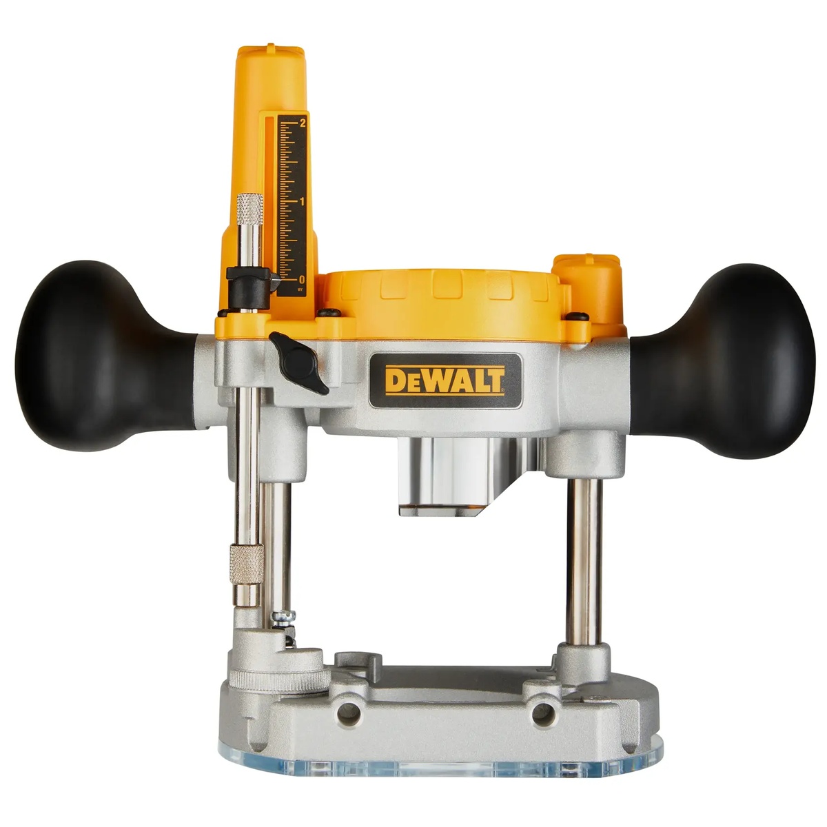 DeWalt DNP612 Plunge Base for Compact Router shown in a front product view with dual handles and plunge posts for controlled woodworking and trim routing setup