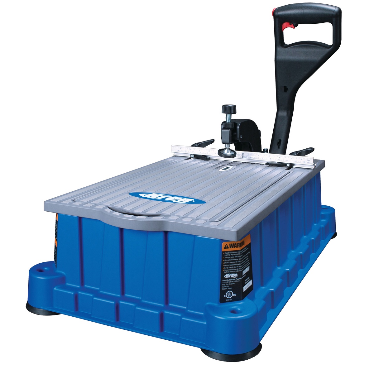 Kreg Foreman Pocket-Hole Machine DB210 showing the fence, table markings, and handle for accurate pocket-hole drilling in woodworking applications