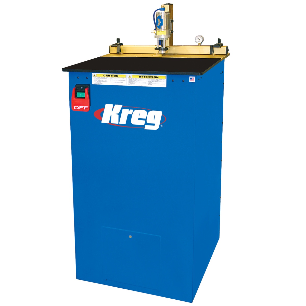 Kreg DK1100 FE Single-Spindle Electric Pocket-Hole Machine work surface and drilling head ready for pocket-hole joinery in wood