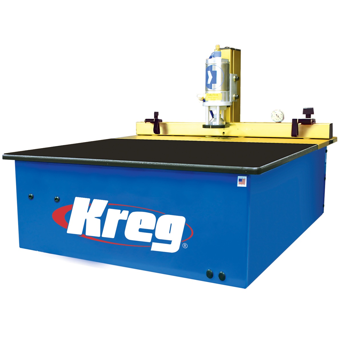 Kreg DK1100 TP Benchtop Single-Spindle Pneumatic Pocket-Hole Machine showing benchtop table and fence area for positioning wood rails and panels