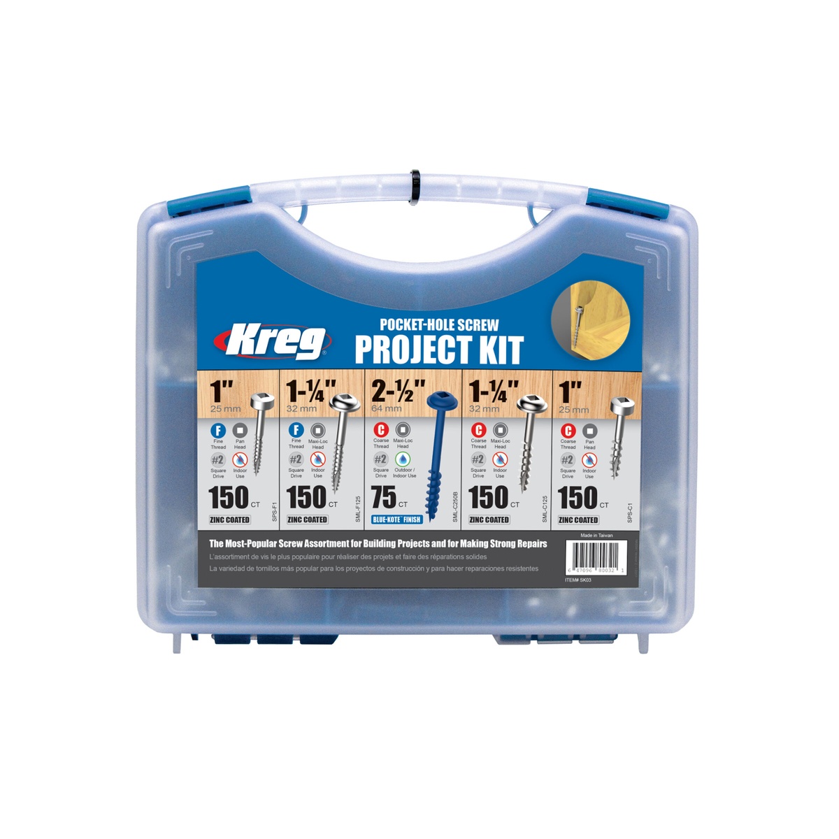 Kreg SK03 Pocket-Hole Screw Project Kit case showing organized screw assortment for woodworking and pocket-hole assembly on a shop project