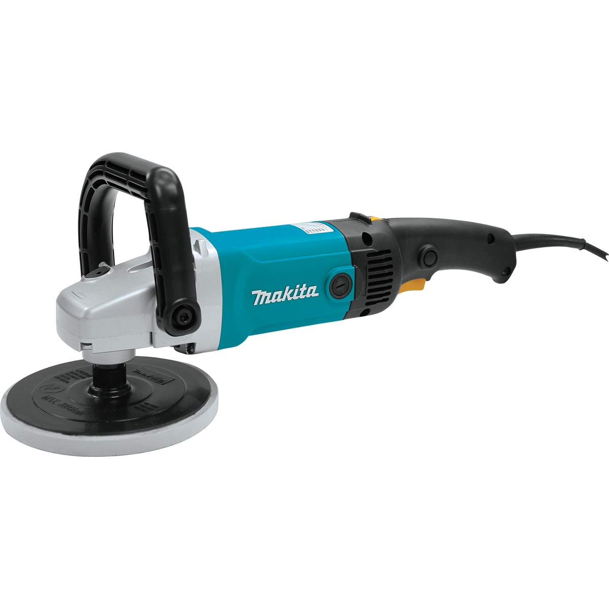 Makita 9227C 7 inch Electronic Polisher-Sander shown with 7 inch pad installed for polishing and sanding large surface areas in automotive, marine, and shop finishing work
