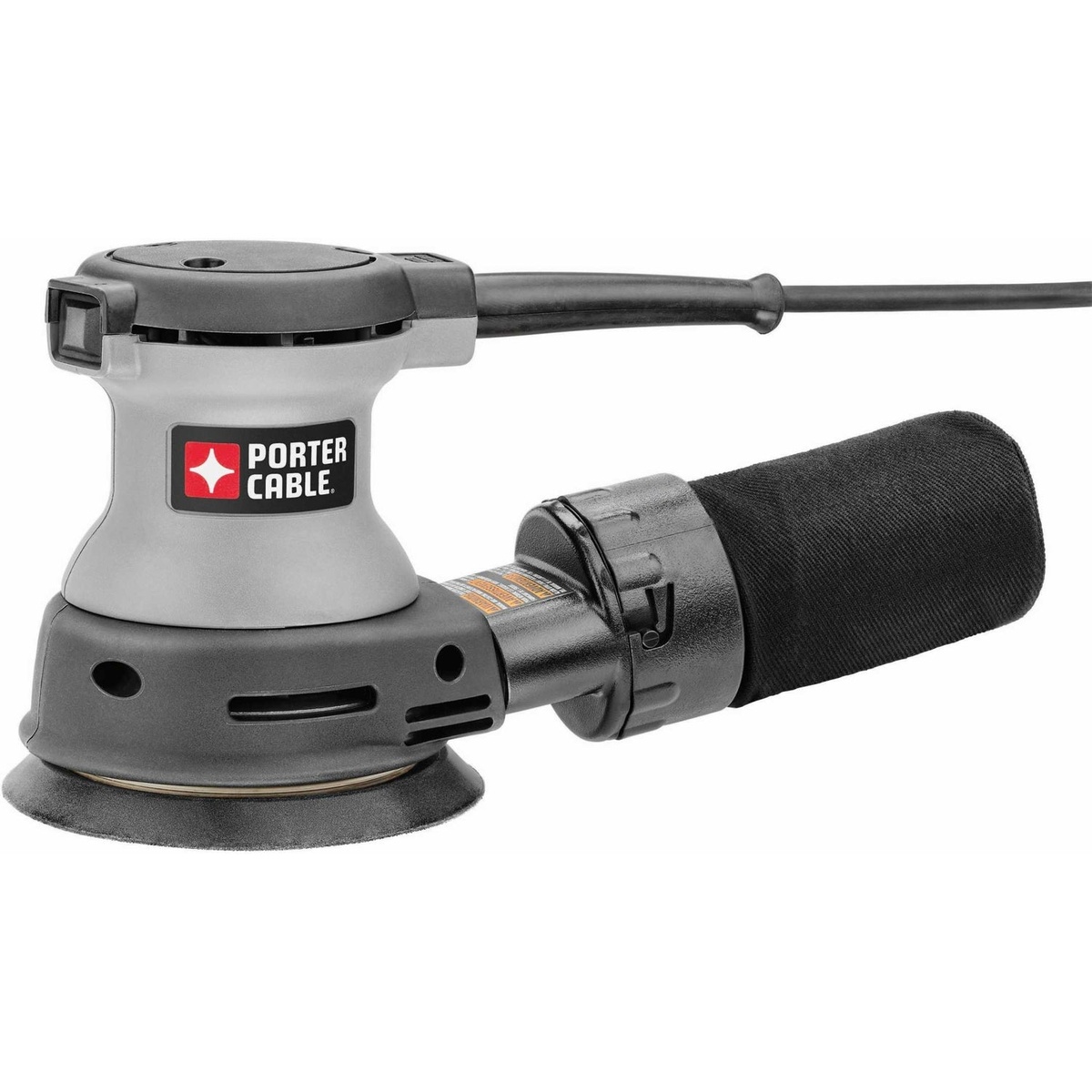 PORTER-CABLE 382 Corded 5 in. Random Orbit Sander shown with attached dust bag and 5 inch sanding pad in a clean product view for finish sanding and surface preparation work