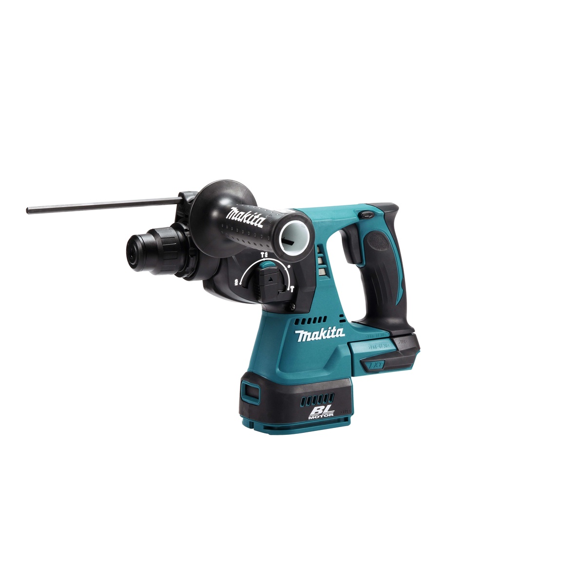 Makita XRH01Z 18V LXT Brushless Cordless 1 inch Rotary Hammer, Tool Only shown from the front angle with SDS-PLUS chuck, side handle, and mode selector for concrete drilling and light chipping applications