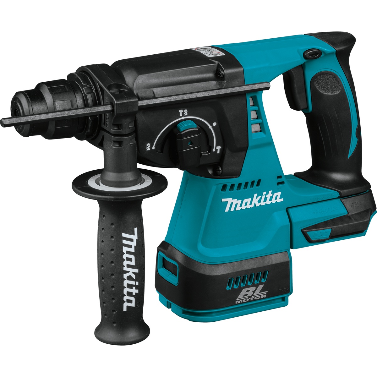 Makita XRH01Z 18V LXT Brushless Cordless 1 inch Rotary Hammer, Tool Only shown with side handle and depth rod on a clean product image, highlighting the compact body for concrete drilling and overhead jobsite work