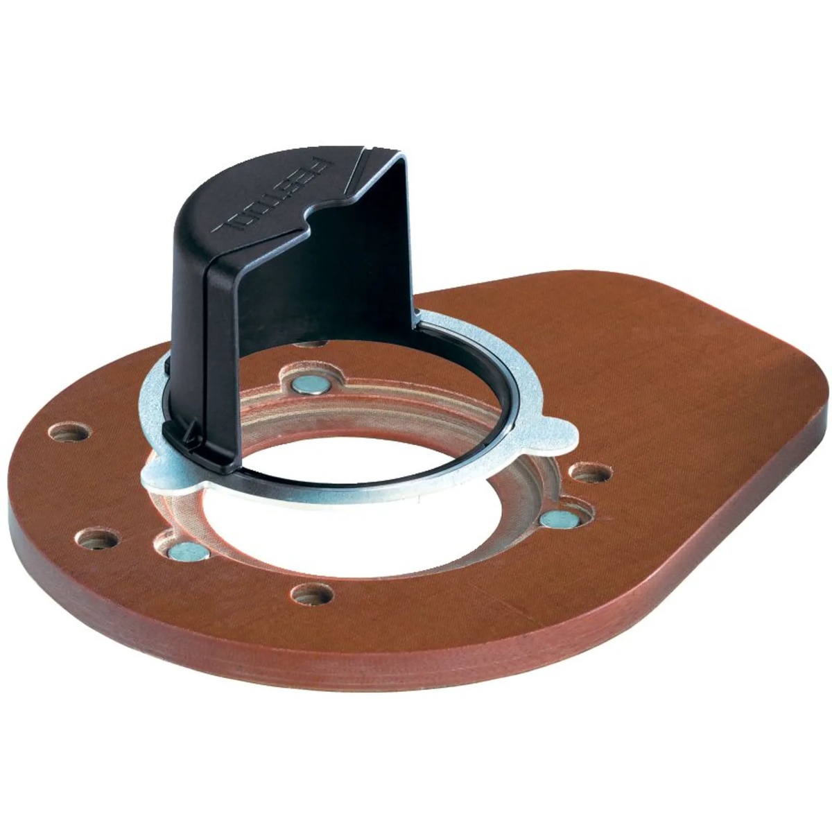 Festool 493233 Table Widener OF 1400 router accessory showing the oversized base plate and integrated chip catcher for edge routing on woodworking material in a shop setting