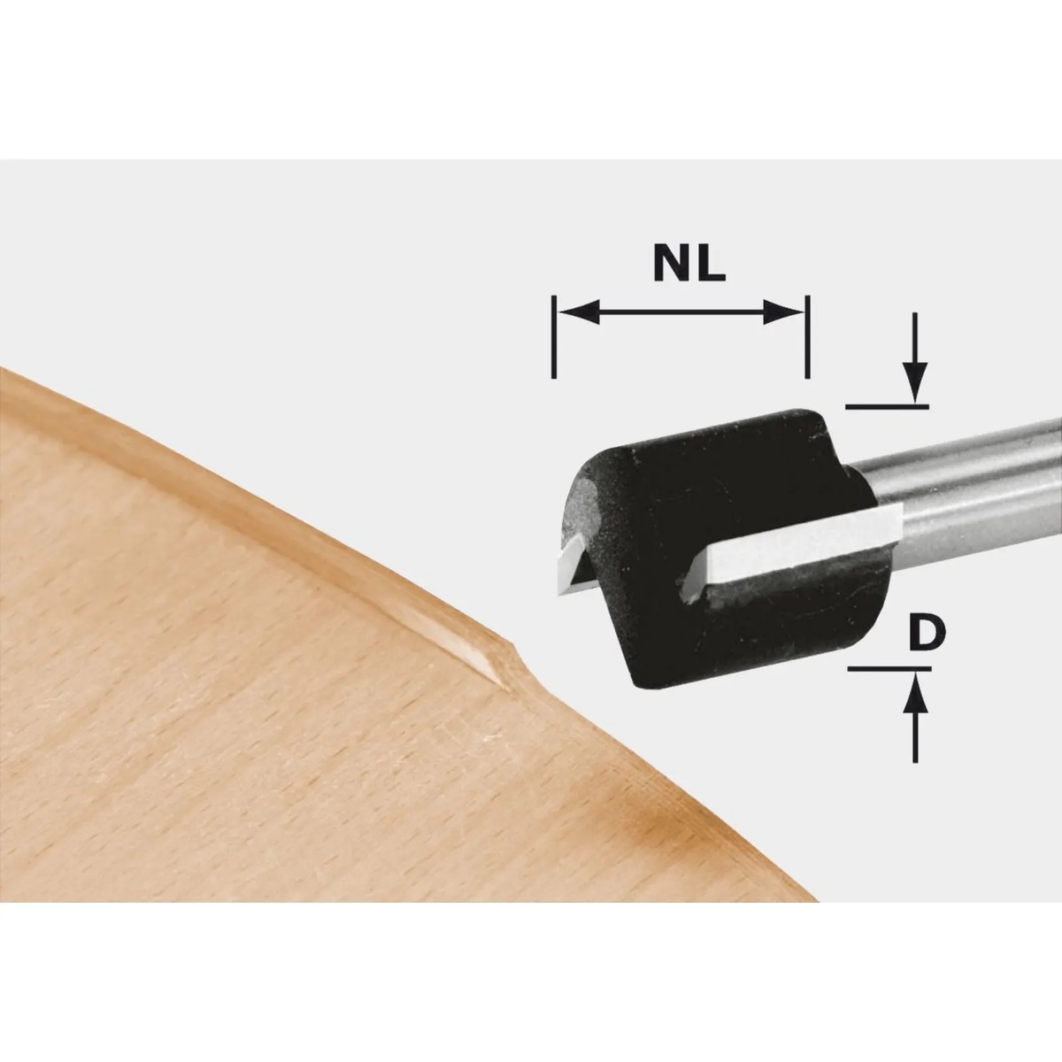 Festool 491666 edge trimming cutter shown trimming a wood panel edge with dimensions highlighting the 3/4 inch diameter and 9/16 inch cutting length for flush trimming work