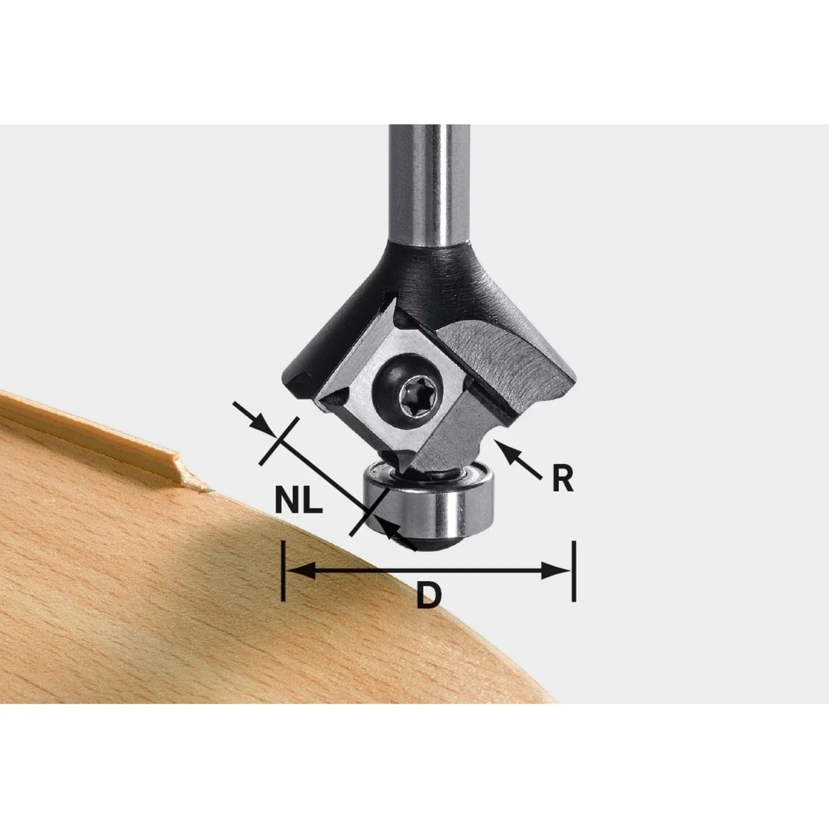 Festool 499811 Radius Router Bit for Edge Banding, 1mm Radius cutting profile shown against edge-banded wood with radius, cutting length, and diameter dimensions for finish routing work