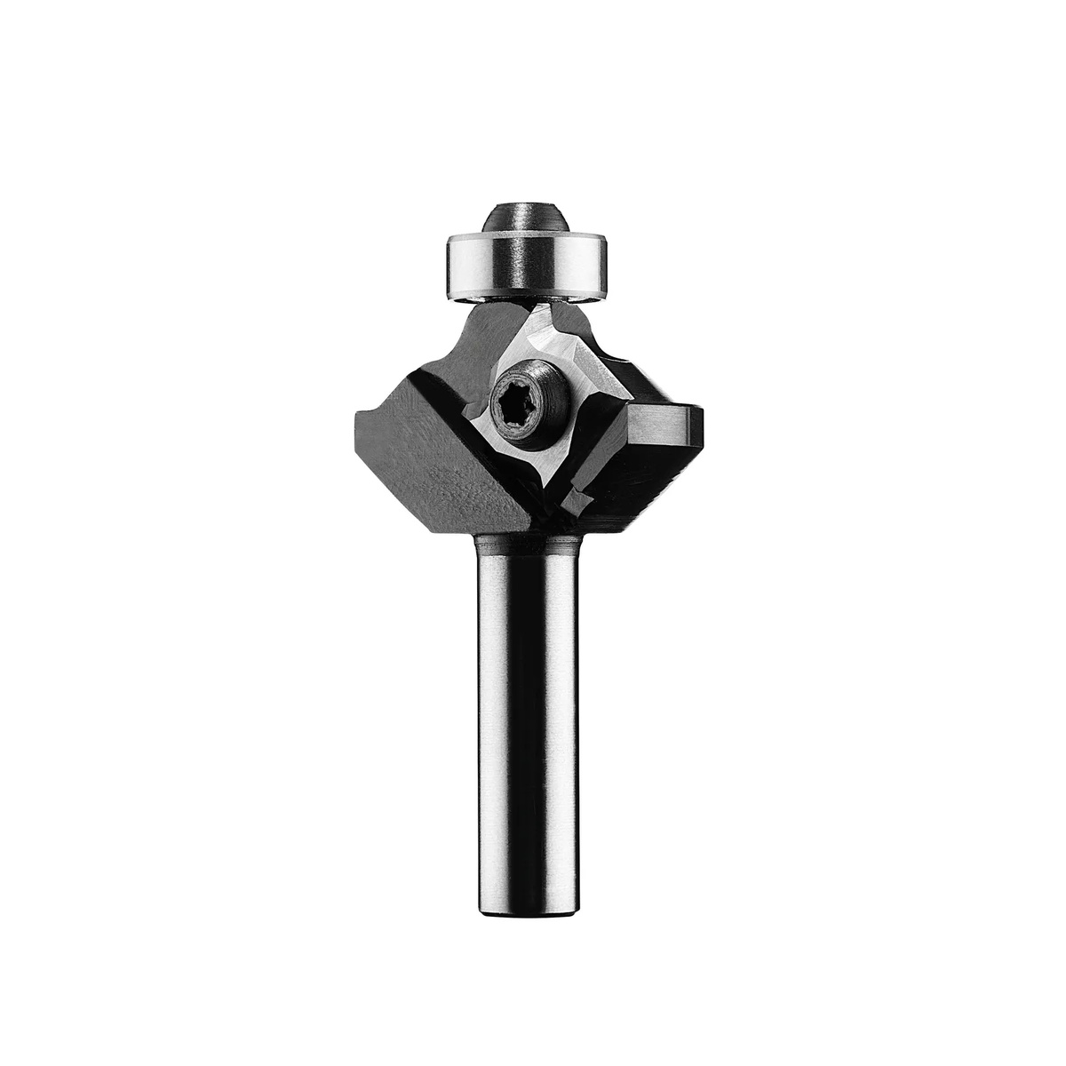 Festool edge banding radius router bit front view showing compact cutter body and guide bearing for controlled routing on cabinet edge work
