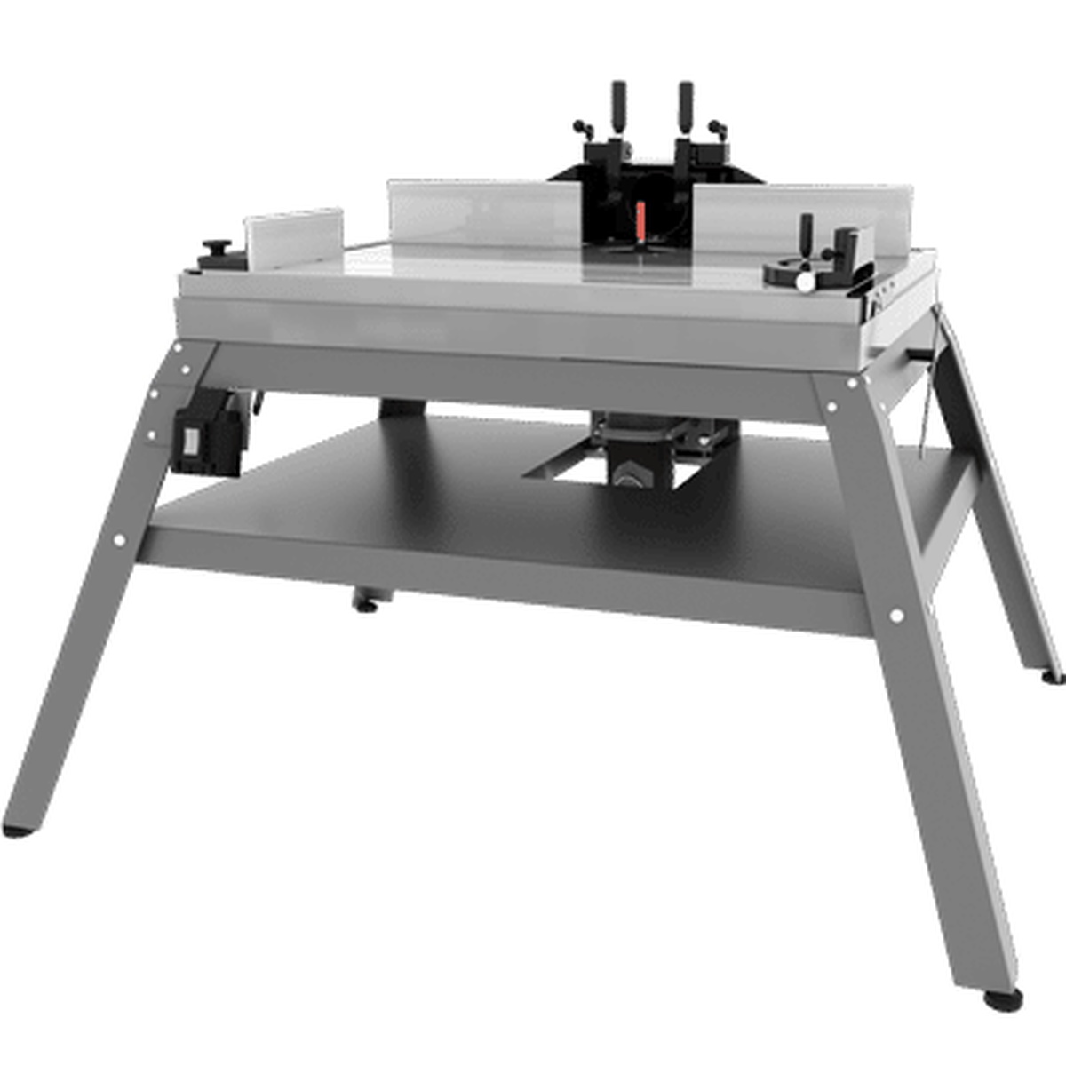 table-mounted router setup used with the Freud 99-762 Premier Adjustable Rail & Stile Router Bit for accurate rail and stile cutting in a woodworking shop