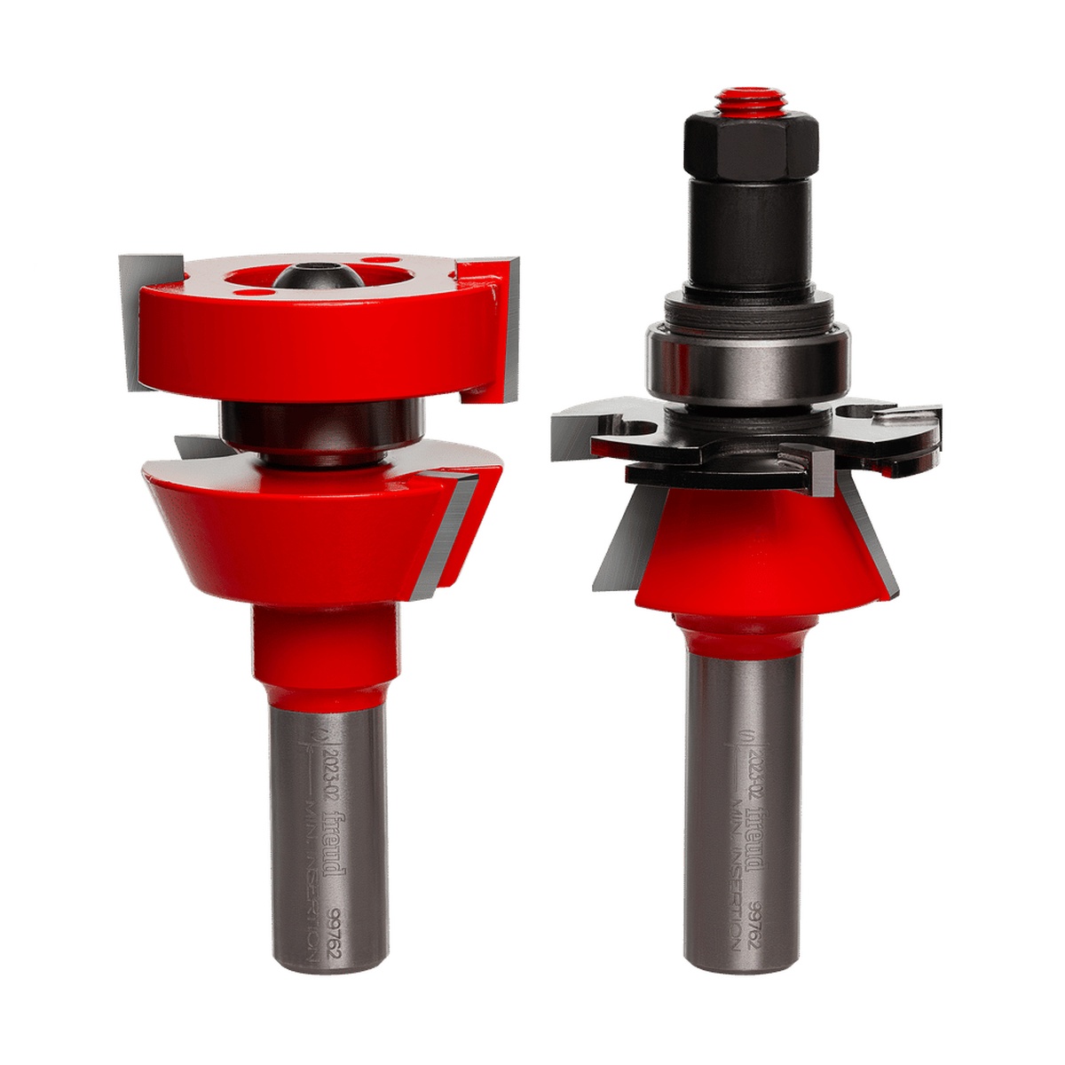 Freud 99-762 Premier Adjustable Rail & Stile Router Bit shown as a matched door-making cutter set for routing cabinet door rails and stiles on a table-mounted router in a woodworking shop