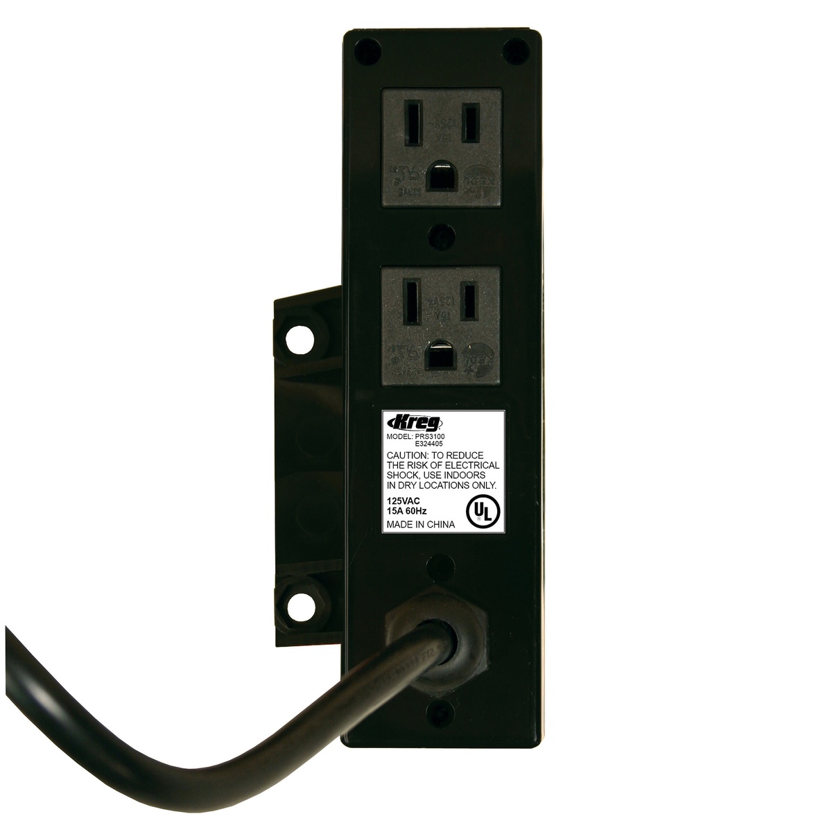 Kreg PRS3100 Multi-Purpose Router Table Switch rear view showing dual outlets, power cord strain relief, and electrical rating label