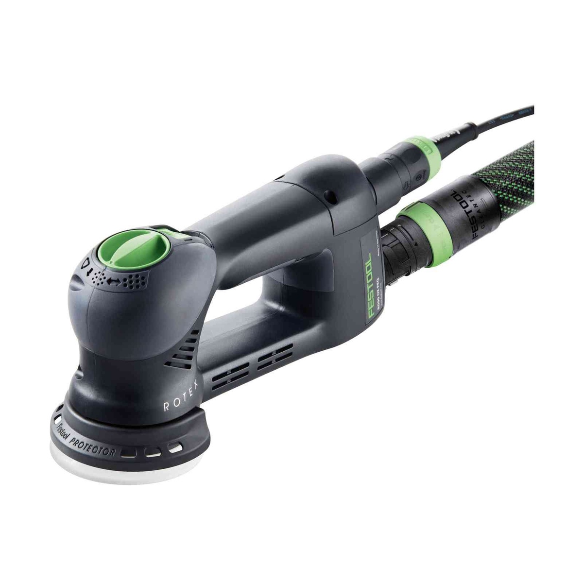 Festool 576263 RO 90 DX FEQ-Plus Rotex Sander connected to a Festool dust hose and Plug-It power cord for dust-controlled sanding