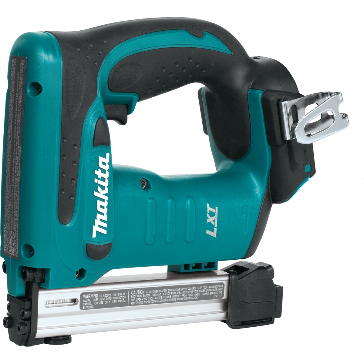 Makita XTS01Z 18V LXT Lithium-Ion Cordless 3/8 inch Crown Stapler shown in a clean side profile highlighting the compact body, magazine, and nose for utility fastening and staple installation work