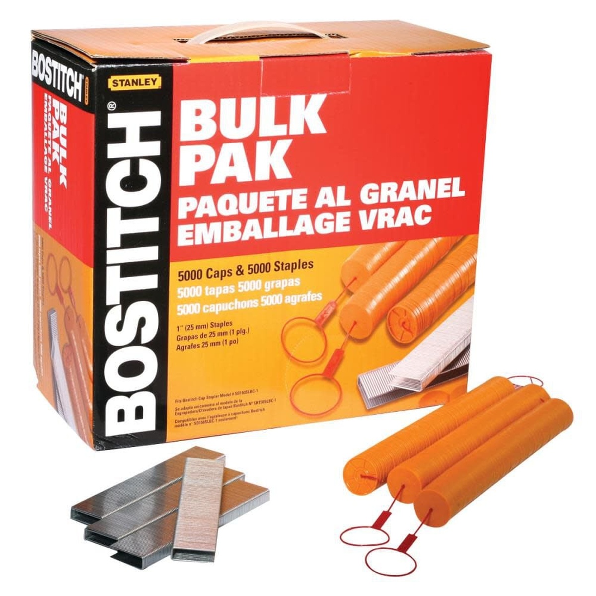 Bostitch CAPPAK-5M cap and staple pack box with 1 inch caps and 18 gauge 5/16 inch crown staples shown for house wrap, felt, and foam board fastening work