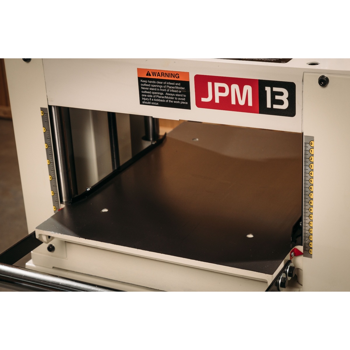 Jet JPM-13CS 13 inch Closed Stand Planer / Molder table opening and height scale for accurate thickness setup