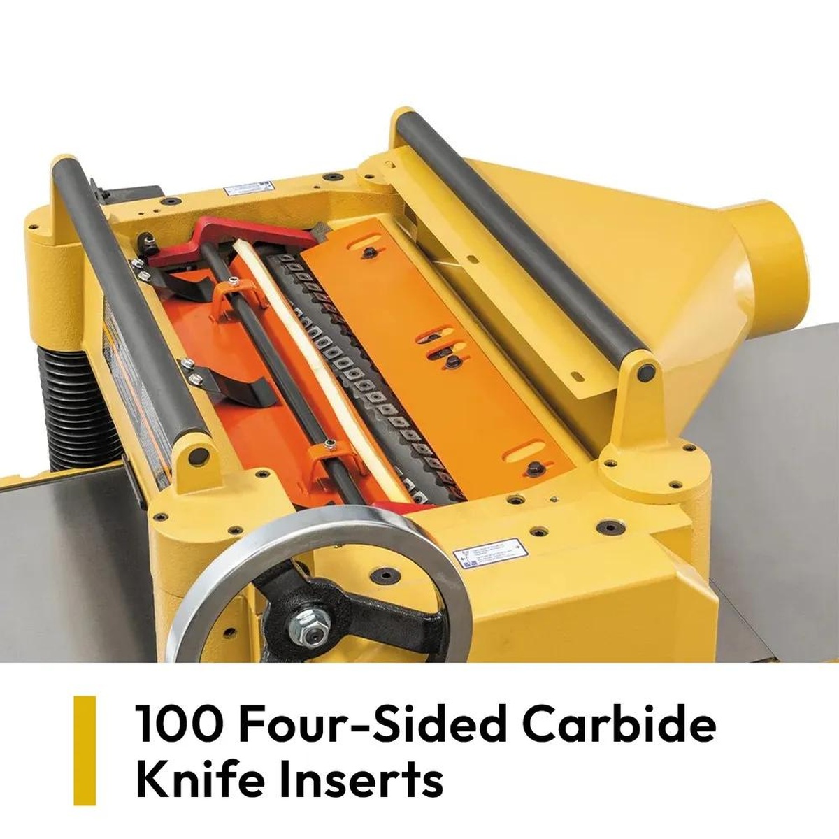 Powermatic 209HH 20-Inch Planer helical cutterhead with carbide inserts shown from above inside the machine for finish-focused woodworking